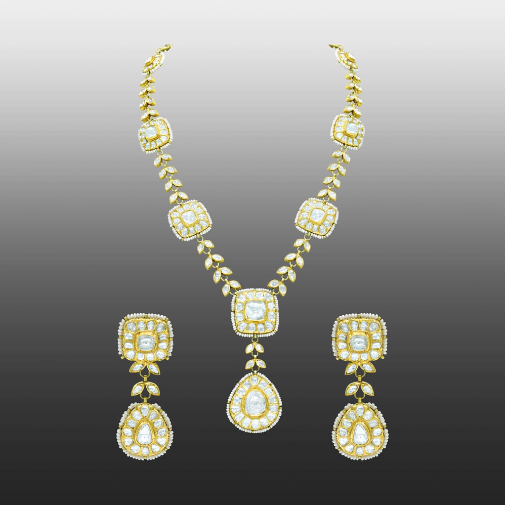 Polki Square Necklace Set with Polki Leaves and Pear Drop
